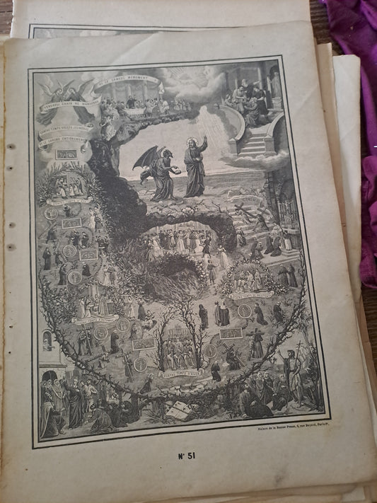 Gravure. Commandements de l'église. Ancien decoration vintage catholique.