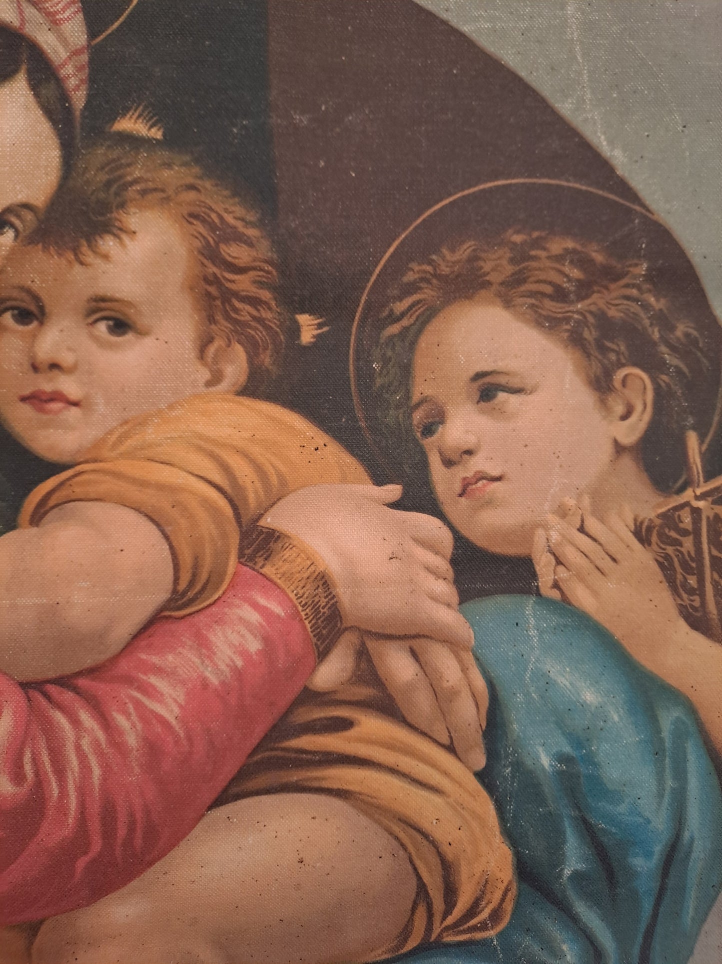 Bannière de processions. Vierge à la chaise d'après Raphaël. Ancien decoration vintage catholique.