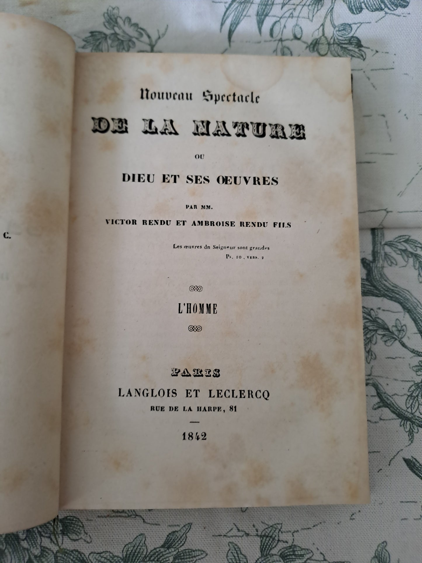 L'homme et mammifères.Nouveau spectacle de la nature ou Dieu et ses œuvres. 1842. Ancien livre vintage catholique.