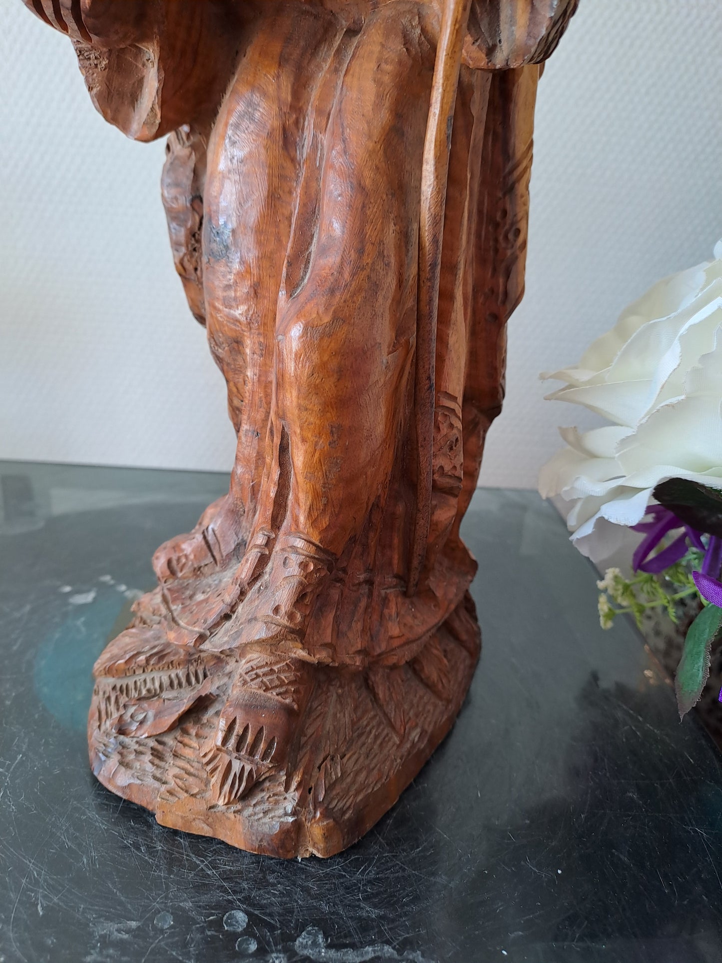 Statue/ Sculpture en bois représentant Moïse avec les tables de la lois et le serpent d'airain. Ancien decoration vintage catholique.