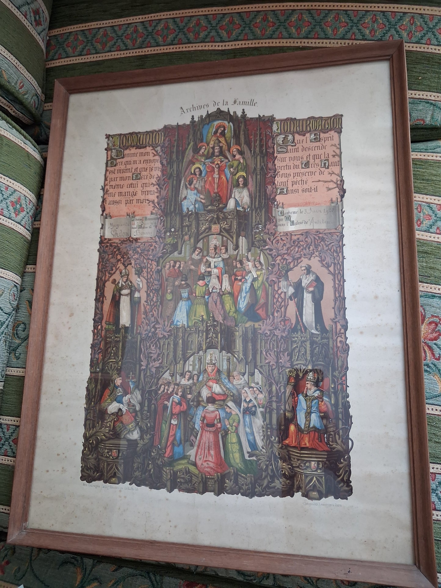 Tableau chromolithographie Archives de la famille 1919 Ancien decoration vintage catholique