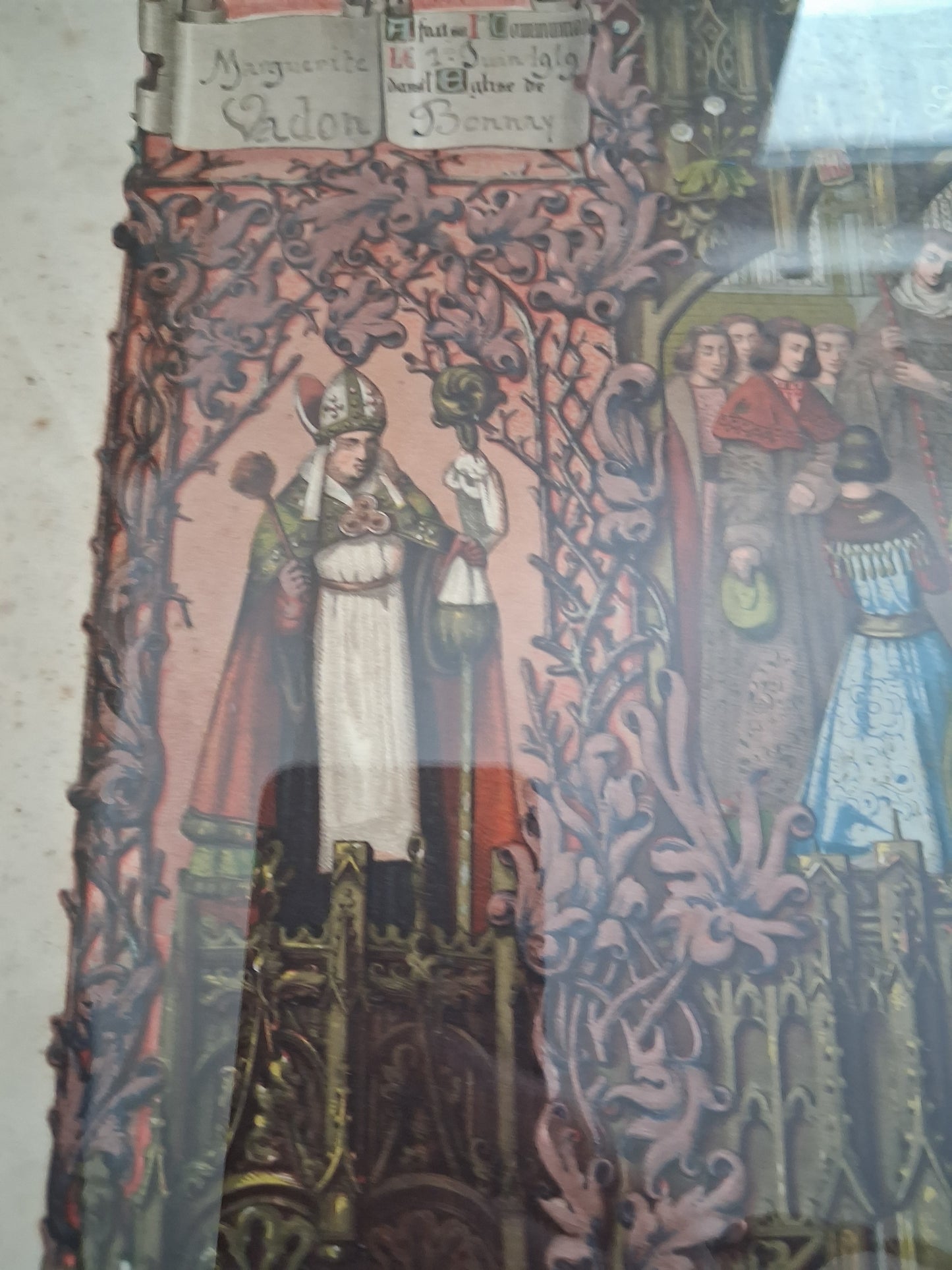 Tableau chromolithographie Archives de la famille 1919 Ancien decoration vintage catholique