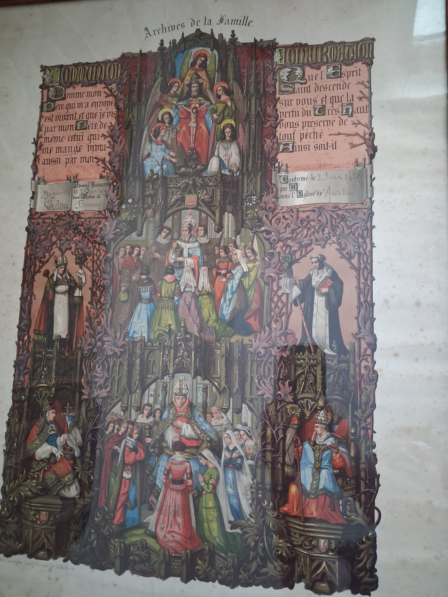 Tableau chromolithographie Archives de la famille 1919 Ancien decoration vintage catholique