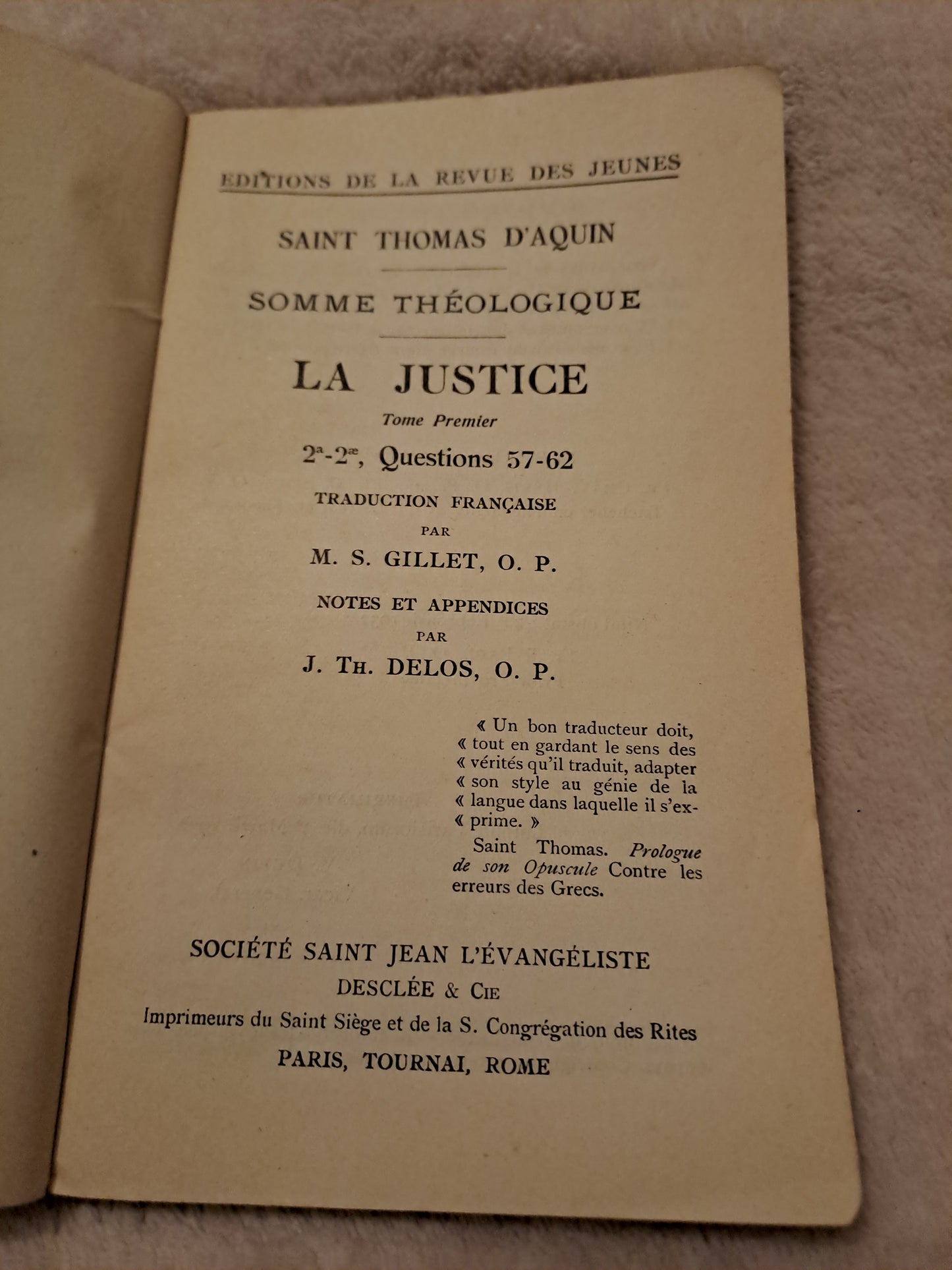 Somme theologique. La justice. Tome 1. 2a-2a, Questions 57-62. Saint Thomas D'Aquin. Ancien livre vintage catholique sacré-coeur.
