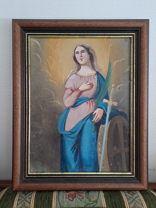 Tableau Huile Sur Toile Marouflé Sur Bois. Ancien Decoration Vintage Catholique.