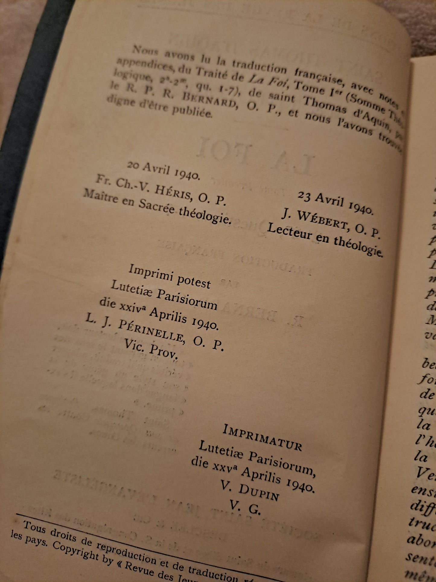 Somme theologique. La foi. Tome 1. 2a-2a, questions 1-7. Saint Thomas D'Aquin. Ancien livre vintage catholique.