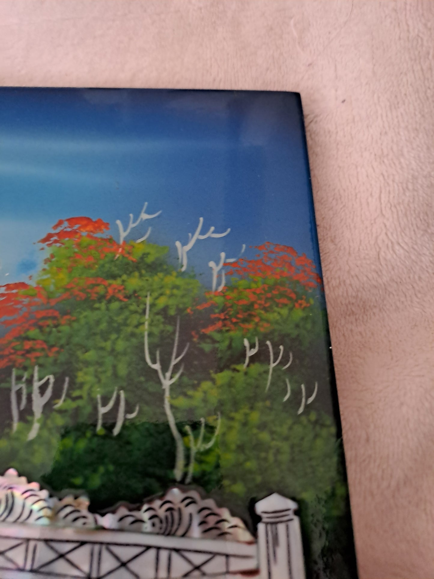 Panneau De Laque Marquetés Instration De Nacre. Balade nocturne. Ancien décoration vintage asiatique Asie.