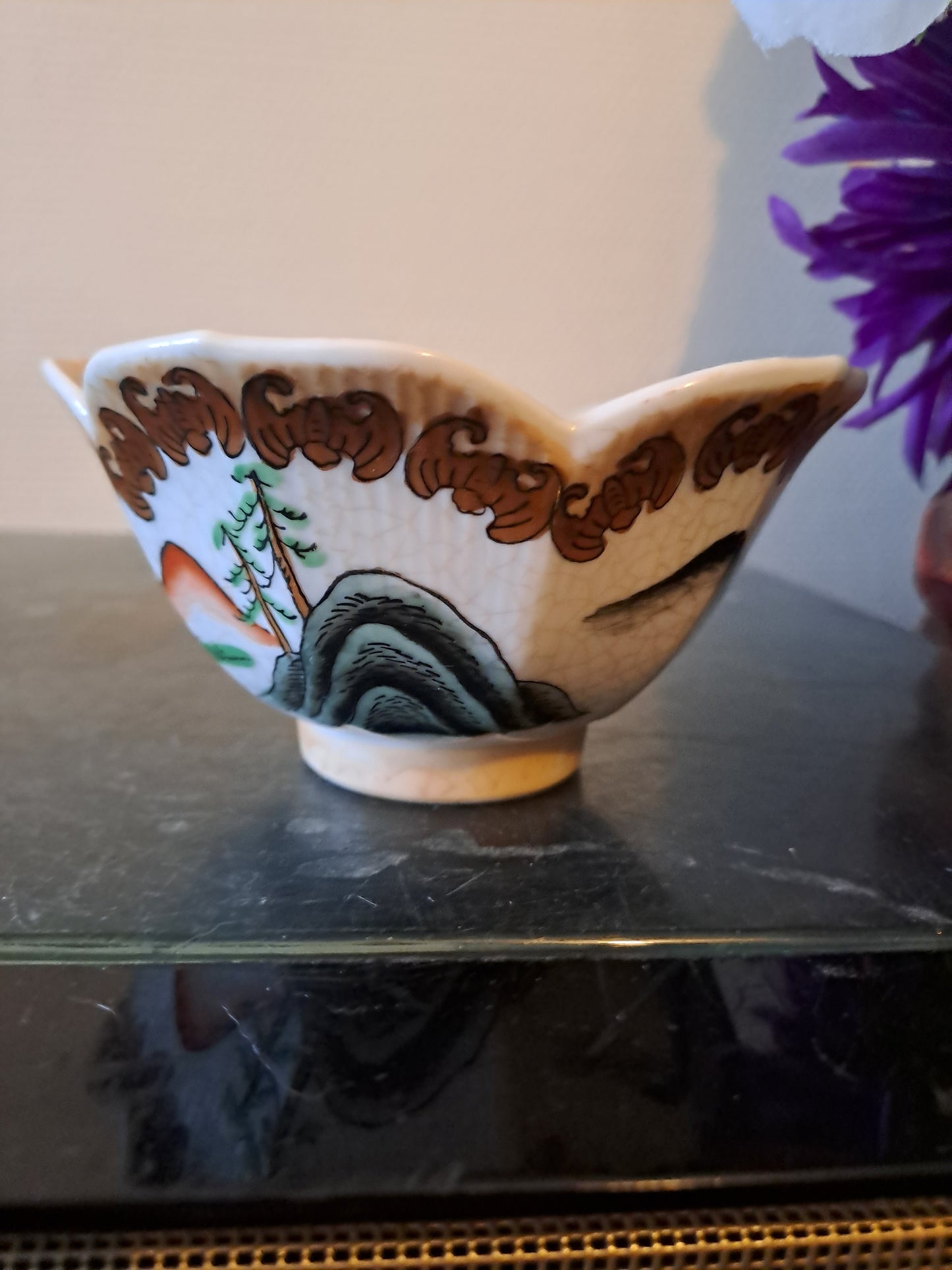Bol Riz Chinois 1. Porcelaine. Peint à la main. Asiatique. Signé En Rouge. Ancien decoration vintage.
