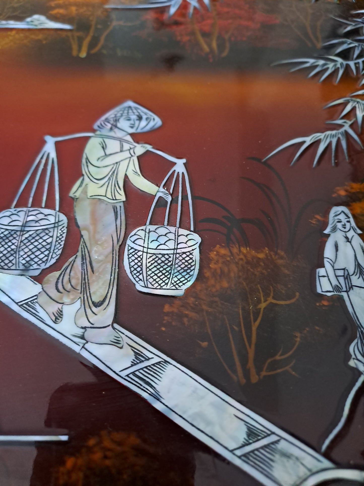 Panneau De Laque Marquetés Instration De Nacre. Ancien décoration vintage asie asiatique.