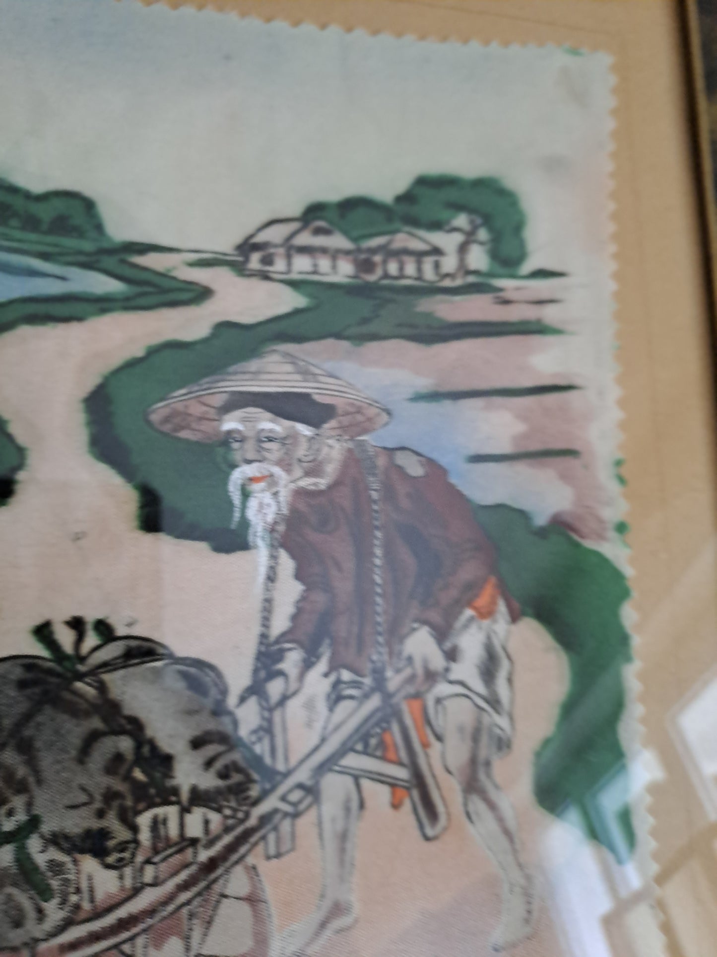 Cadre peinture sur soie. Indochine années 50.