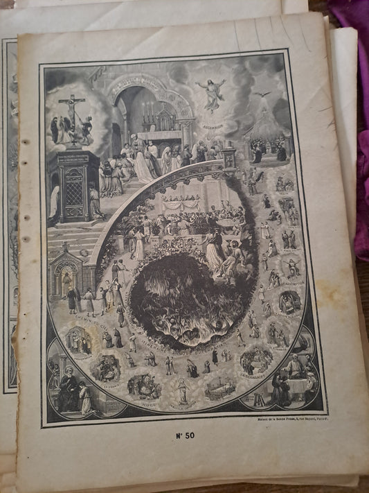 Gravure. Commandements de l'eglise. Ancien decoration vintage catholique.