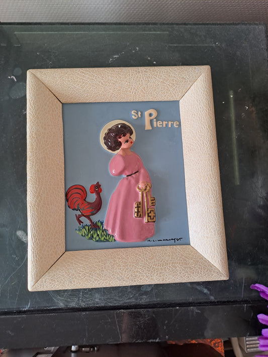 Cadre Saint-Pierre en relief. Signé. 21.5 c X 18 cm. Ancien tableau Vintage catholique.