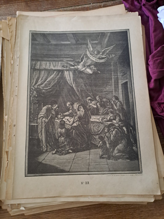 Gravure. L'extrême onction. Ancien decoration vintage catholique