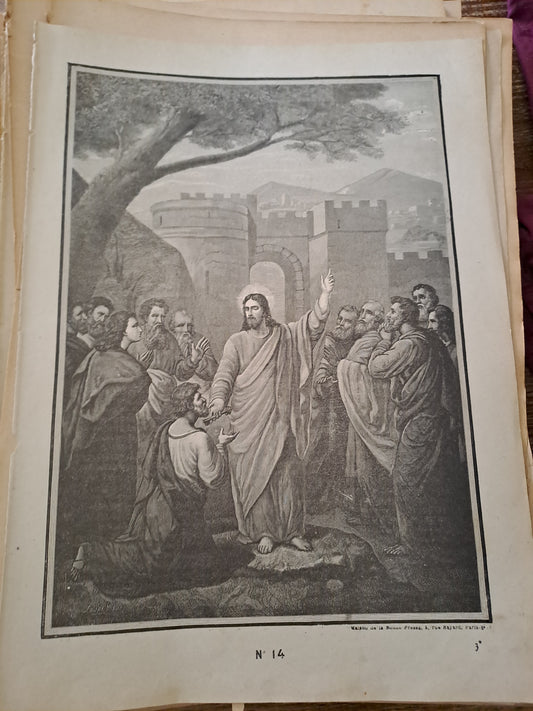 Gravure. La remission des péchés. Ancien decoration vintage catholique