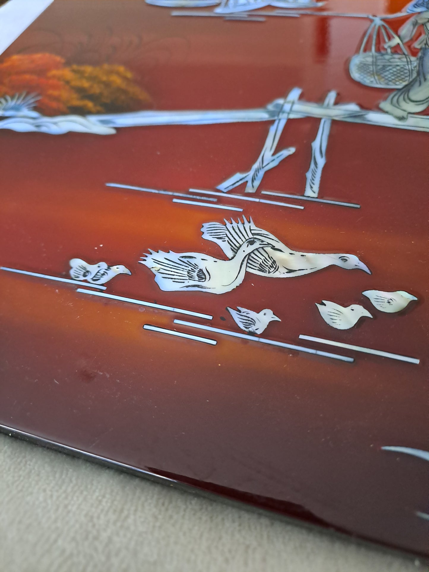 Panneau De Laque Marquetés Instration De Nacre. Ancien décoration vintage asie asiatique.