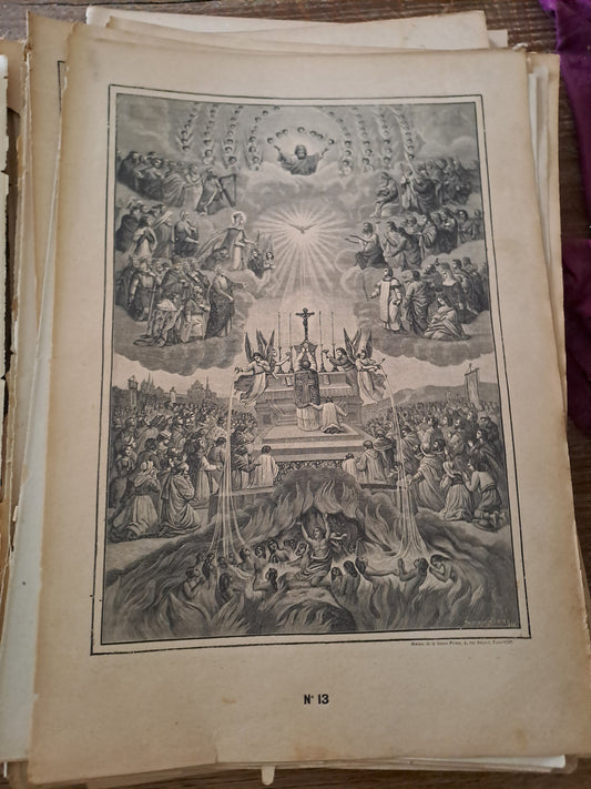 Gravure. La communion des saints. Ancien decoration vintage catholique