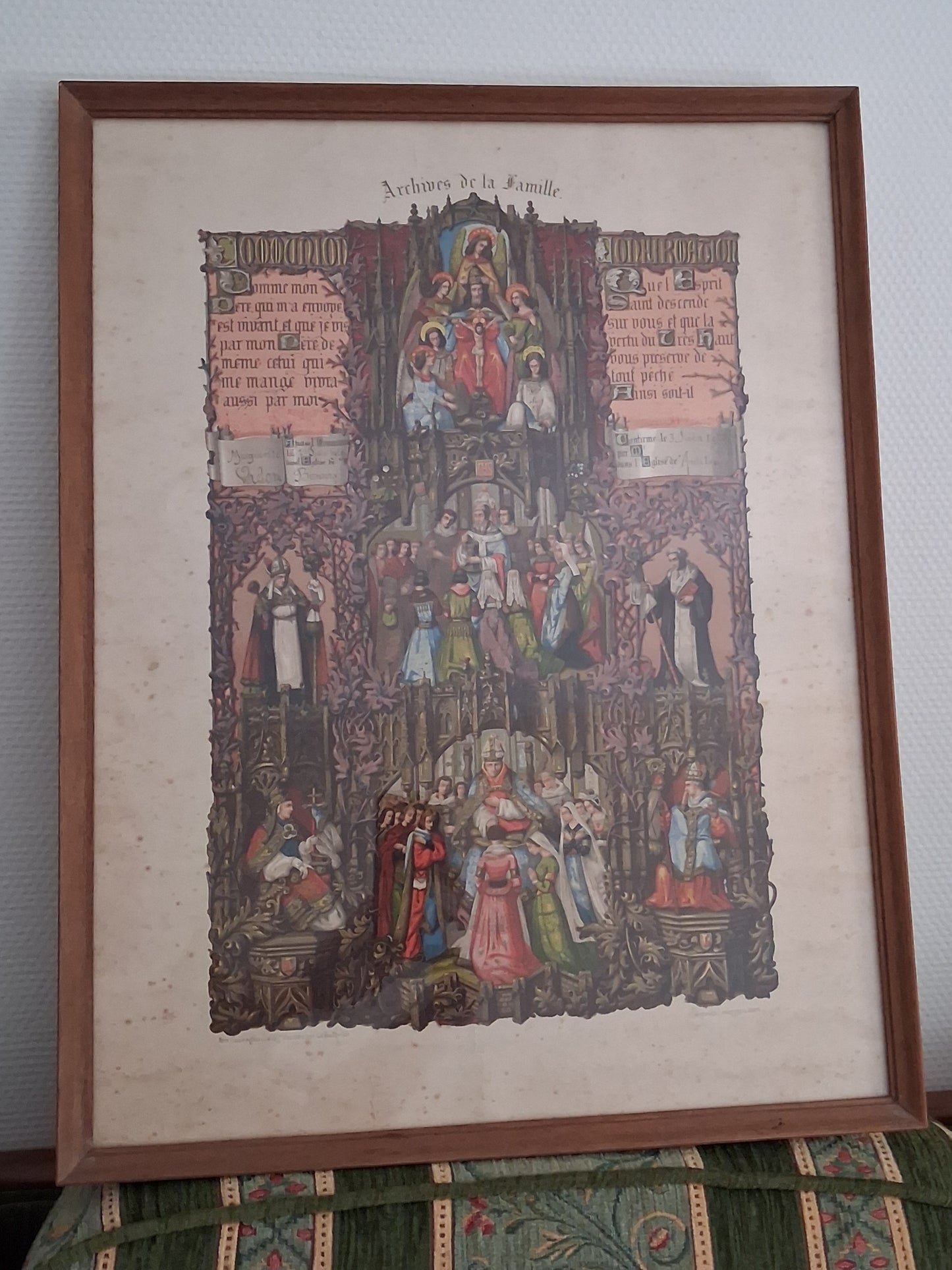Tableau chromolithographie Archives de la famille 1919 Ancien decoration vintage catholique