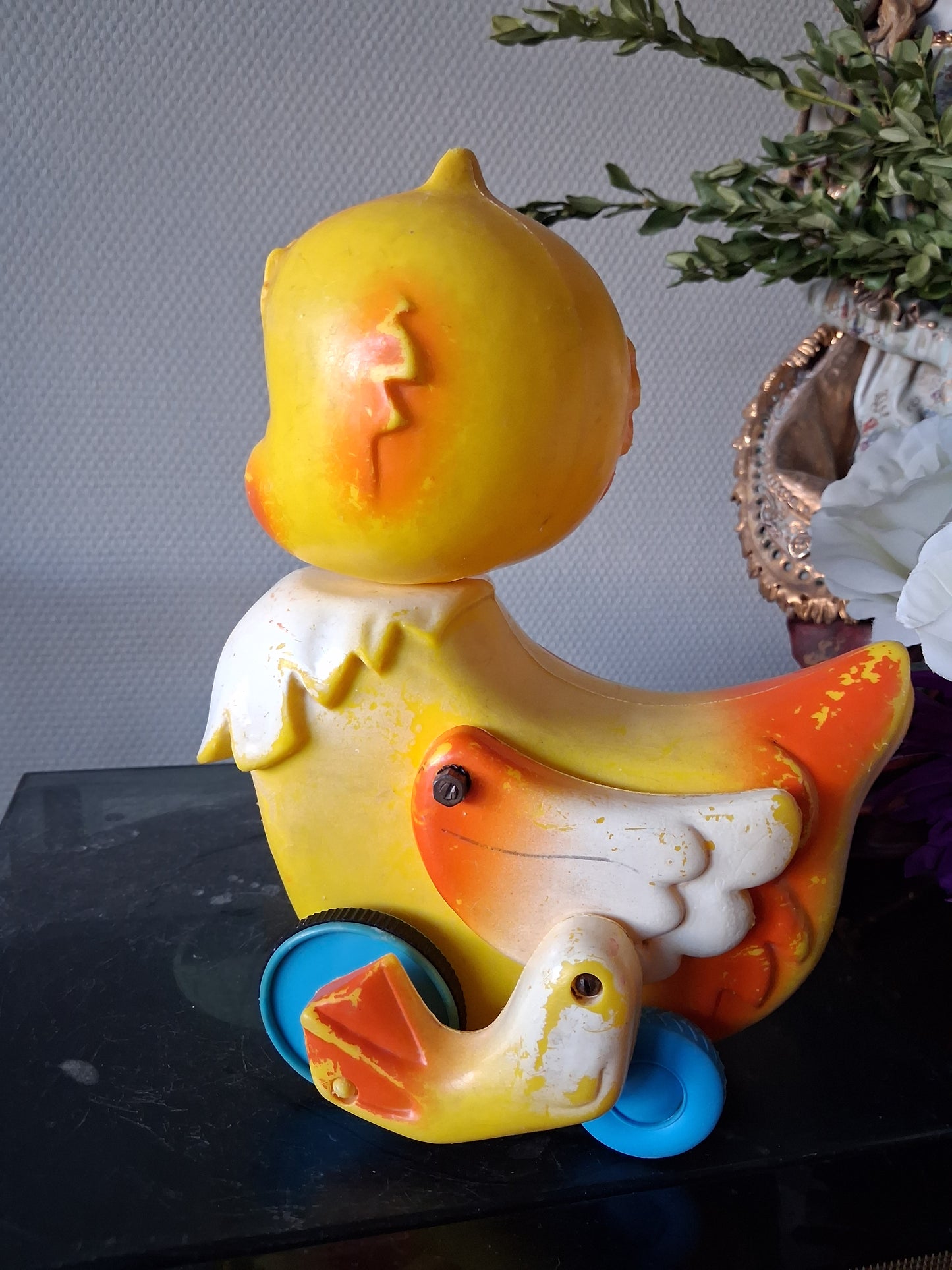 Jouet canard sur roulette années 50 ancienne decoration vintage