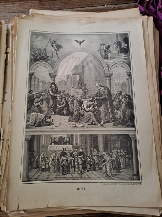 Gravure. La confirmation. Ancien decoration vintage catholique