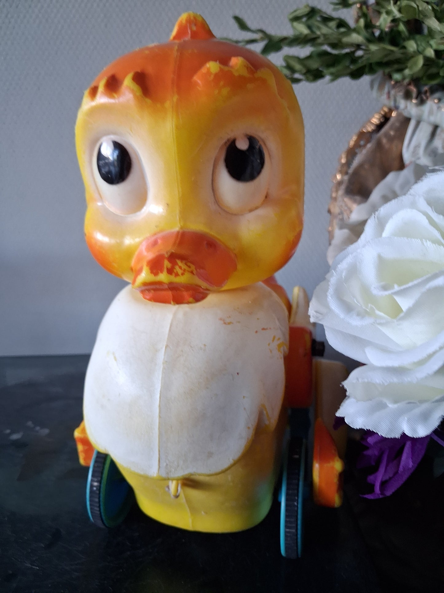 Jouet canard sur roulette années 50 ancienne decoration vintage