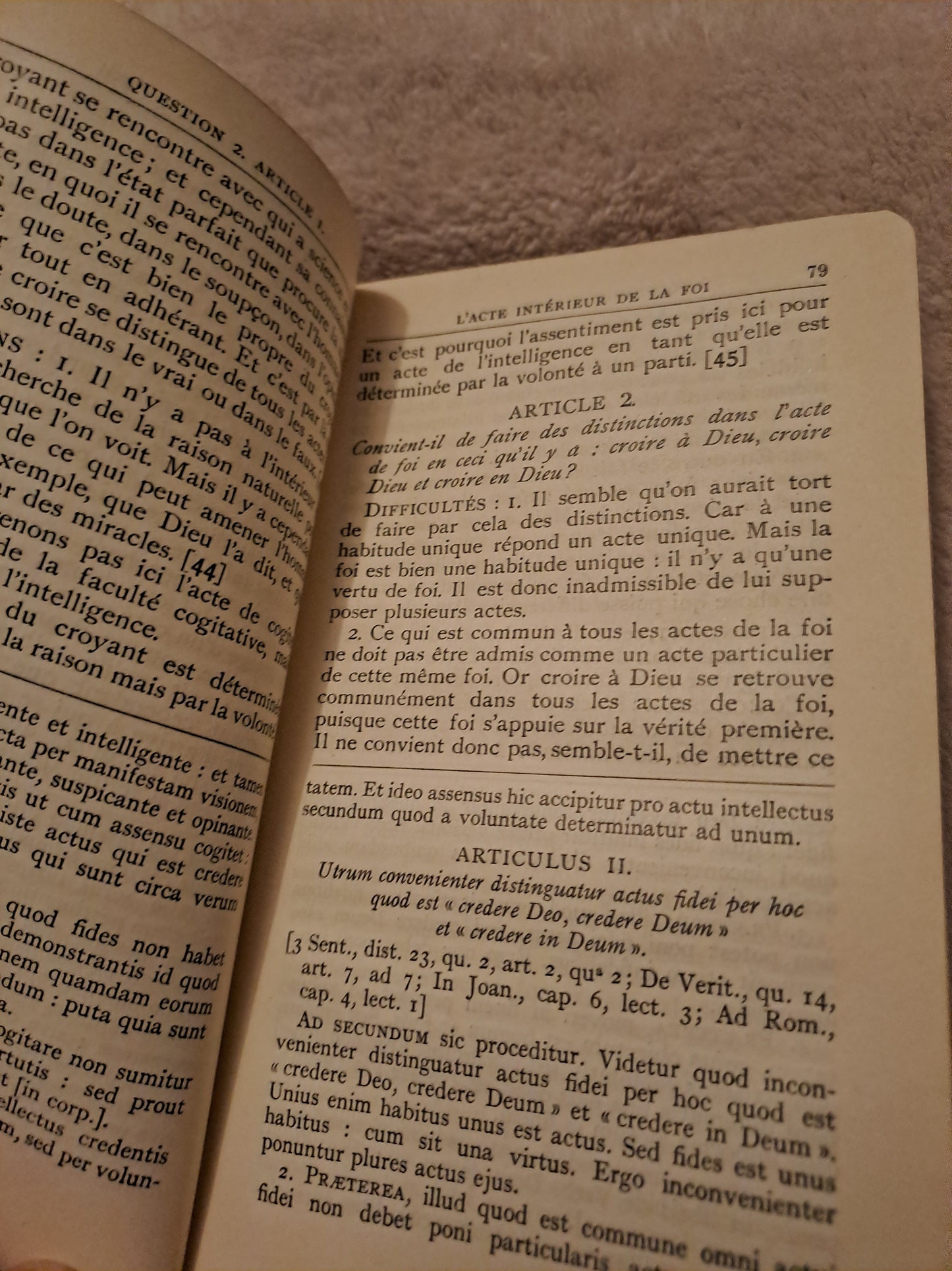 Somme theologique. La foi. Tome 1. 2a-2a, questions 1-7. Saint Thomas D'Aquin. Ancien livre vintage catholique.