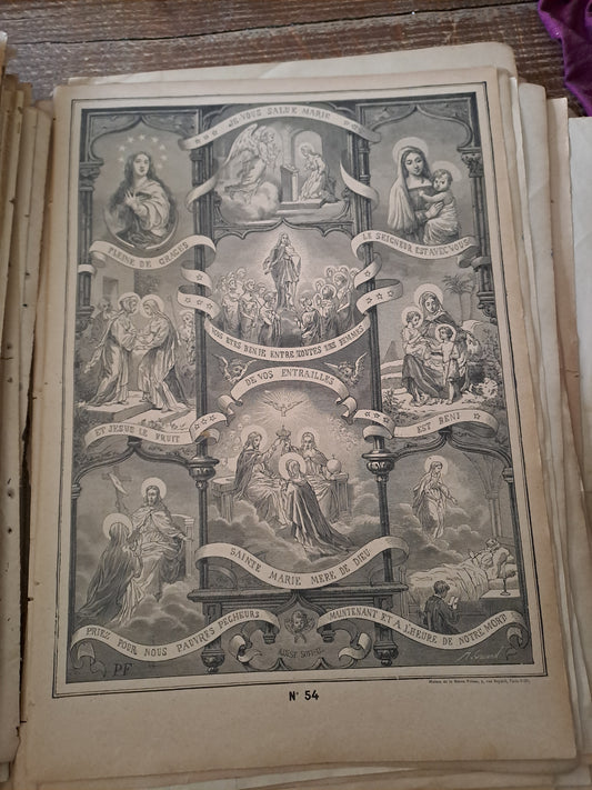 Gravure.l'ave Maria. Ancien decoration vintage catholique.