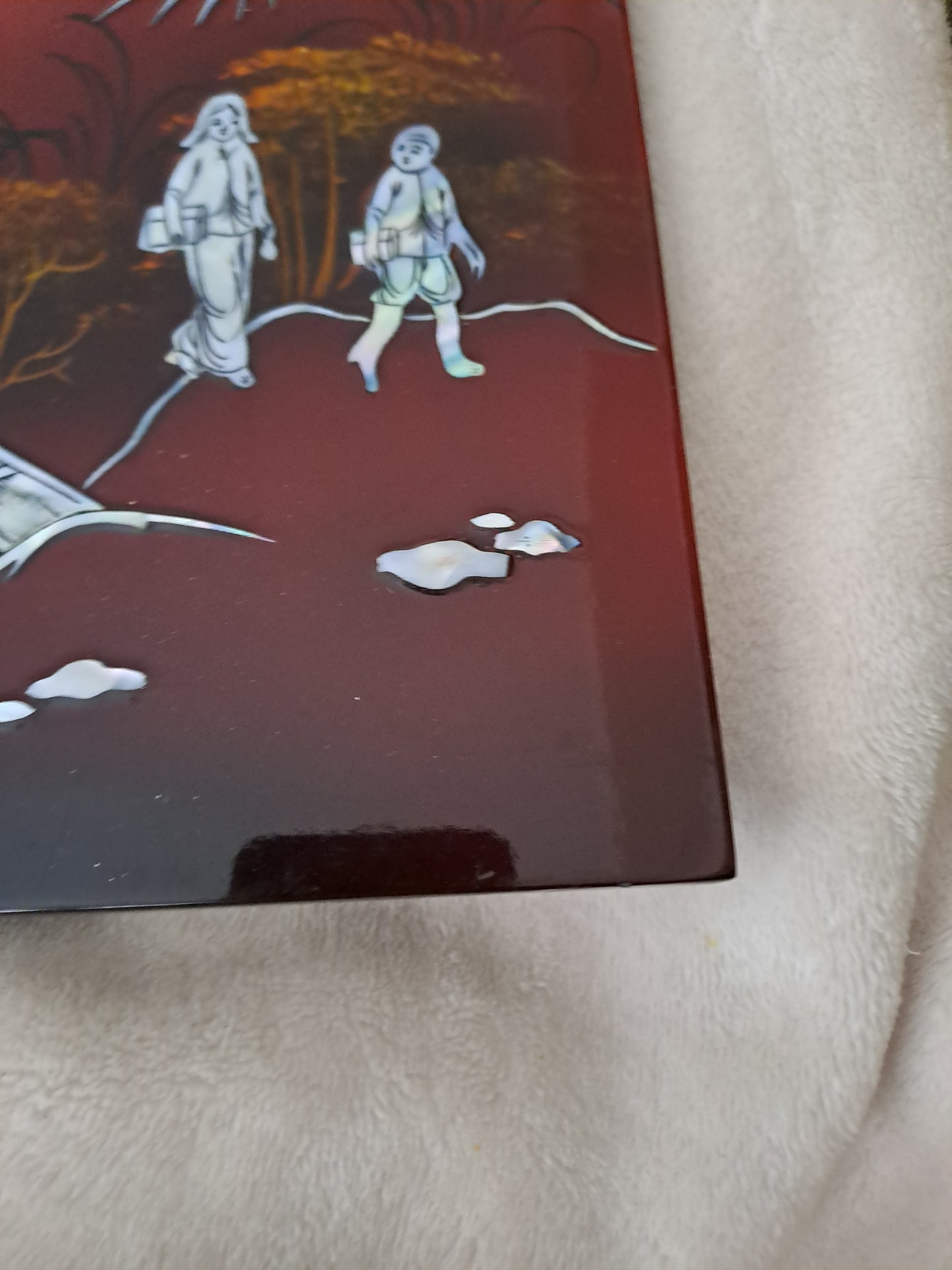 Panneau De Laque Marquetés Instration De Nacre. Ancien décoration vintage asie asiatique.