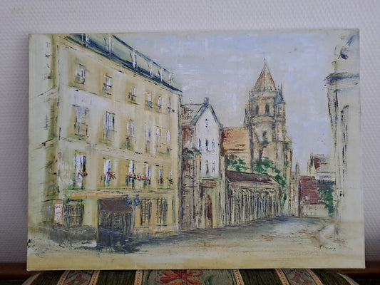 Tableau huile sur toile Signé L Powe. Hôtel du nord/ St Benigne Dijon. 33/46 cm. Ancien décoration vintage