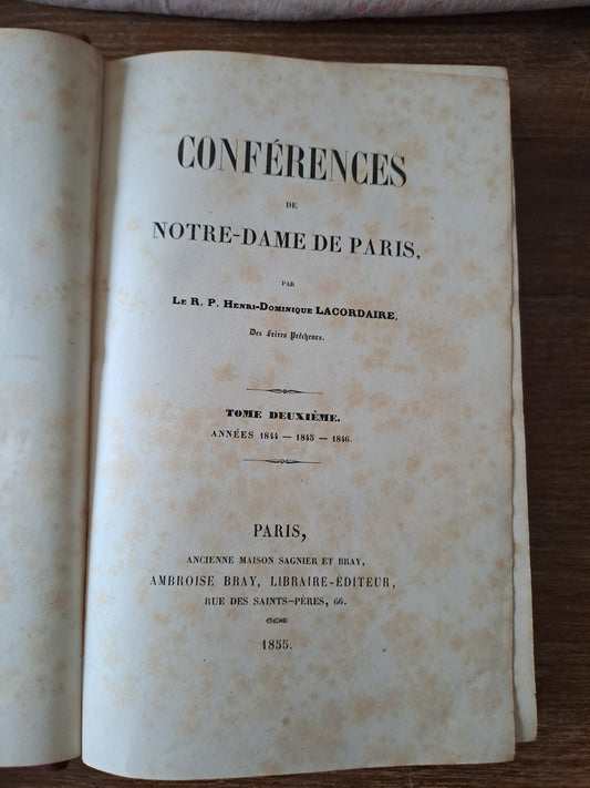 Conférences de Notre-Dame de Paris T2. Lacordaire. 1855. Ancien livre vintage.