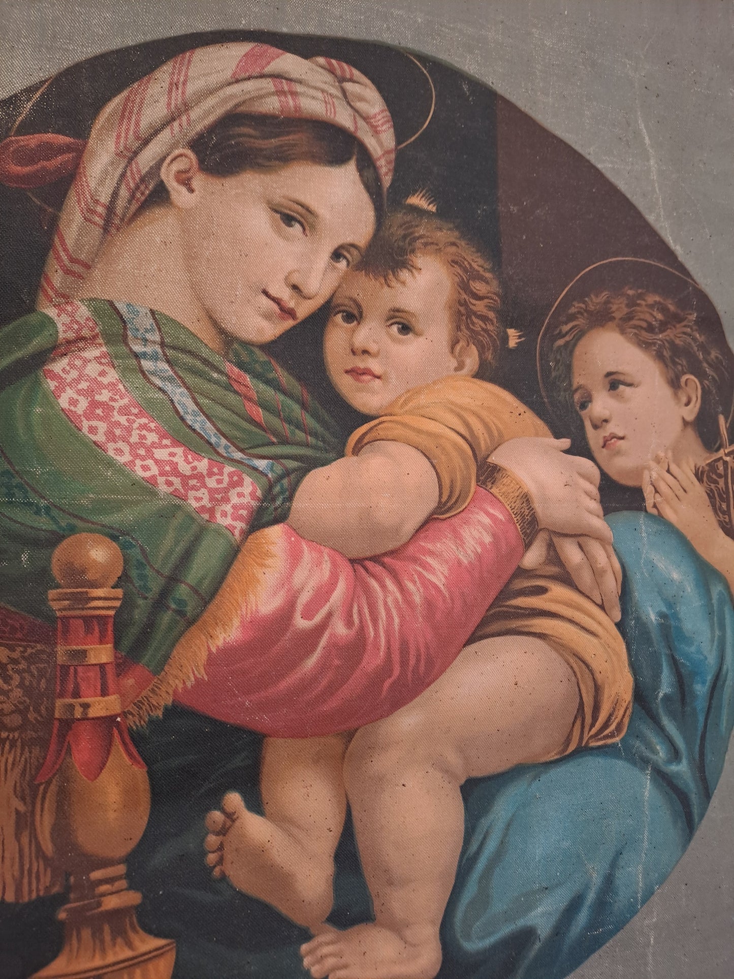 Bannière de processions. Vierge à la chaise d'après Raphaël. Ancien decoration vintage catholique.