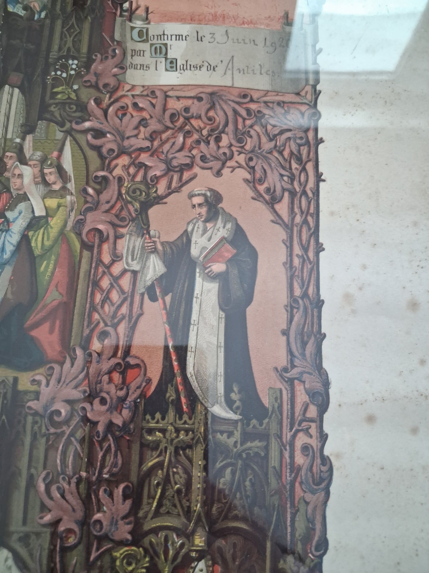 Tableau chromolithographie Archives de la famille 1919 Ancien decoration vintage catholique
