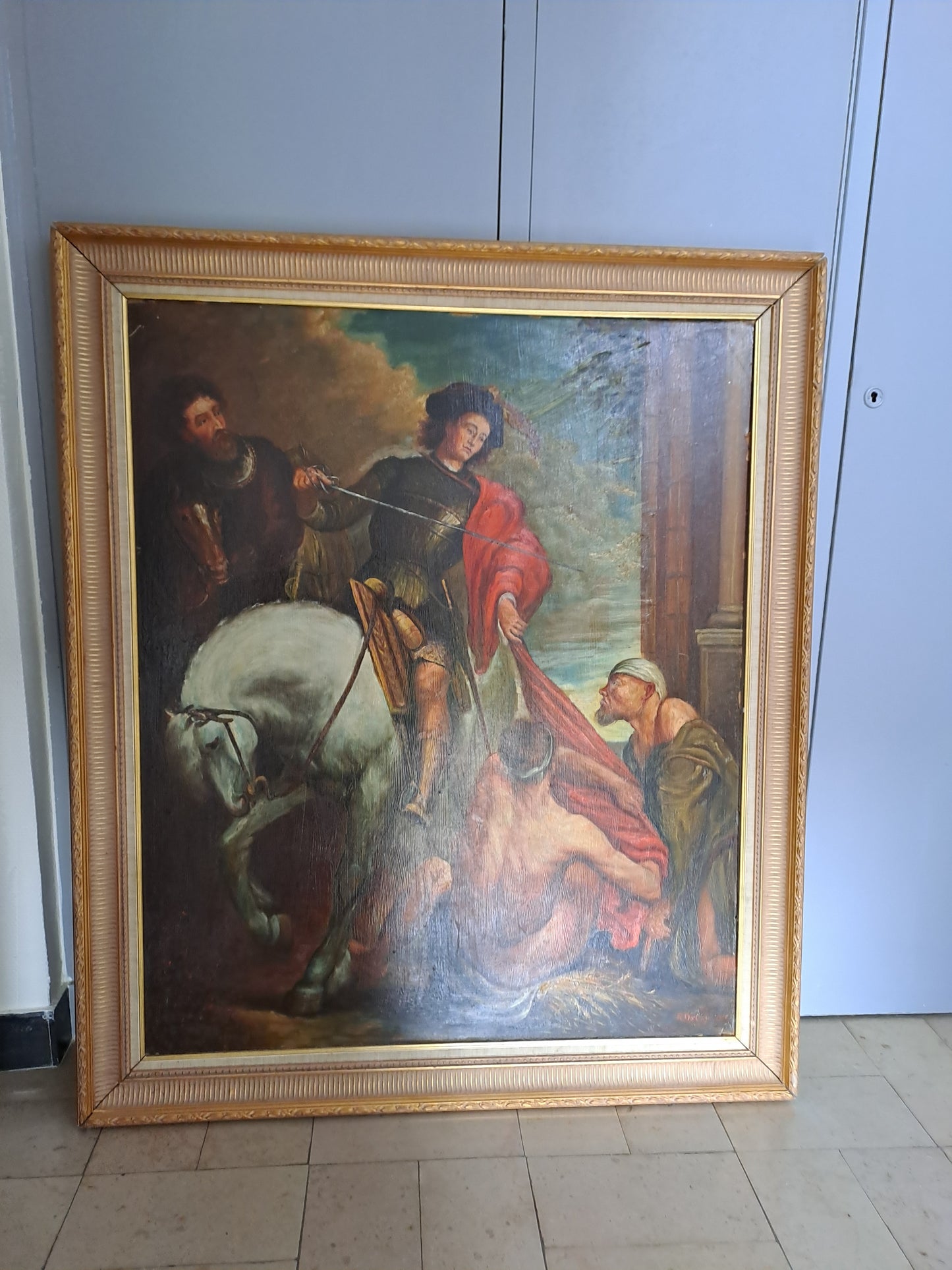 Tableau Saint-Martin et le mendiant d'après Van Dick. Signé. 125cm X 107 cm. Ancien vintage catholique sacré-coeur.