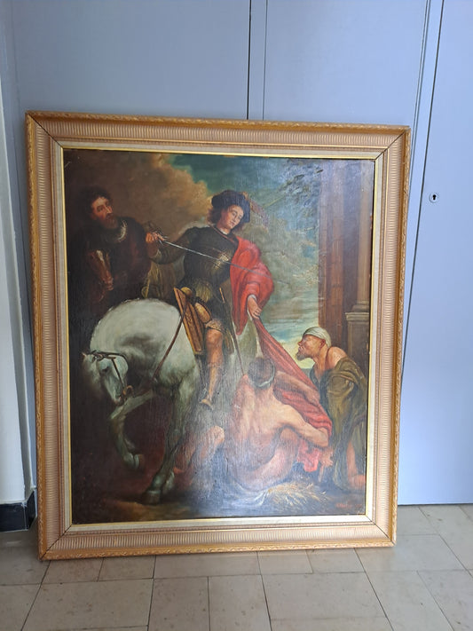 Tableau Saint-Martin et le mendiant d'après Van Dick. Signé. 125cm X 107 cm. Ancien vintage catholique sacré-coeur.