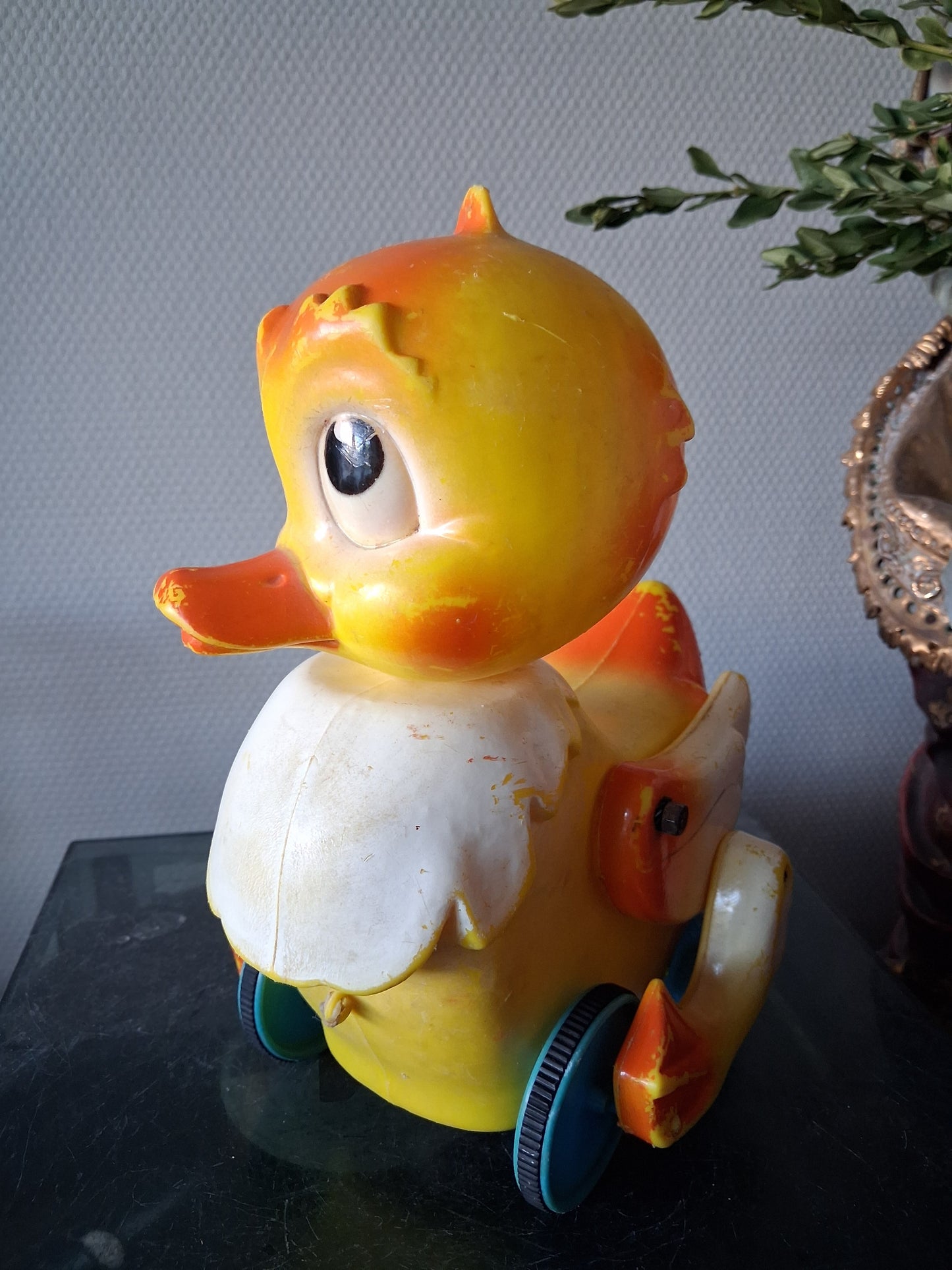 Jouet canard sur roulette années 50 ancienne decoration vintage