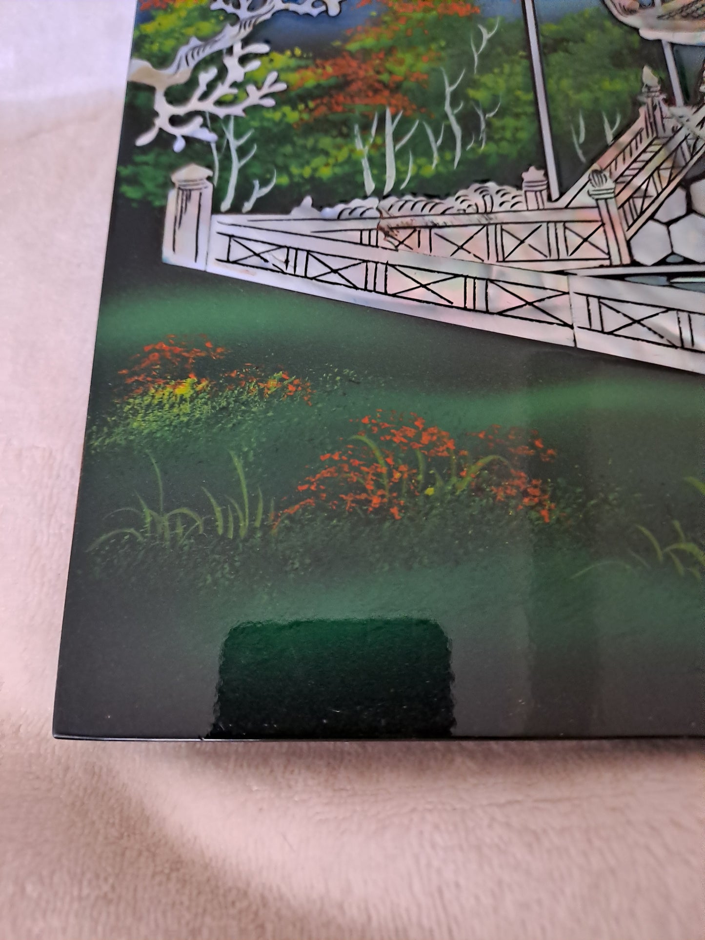 Panneau De Laque Marquetés Instration De Nacre. Balade nocturne. Ancien décoration vintage asiatique Asie.