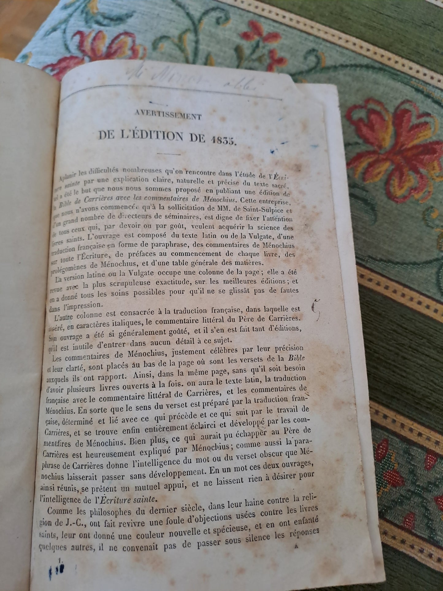 Sainte Bible. T1. 1854. Commentaires De Menochius. Français et latin.