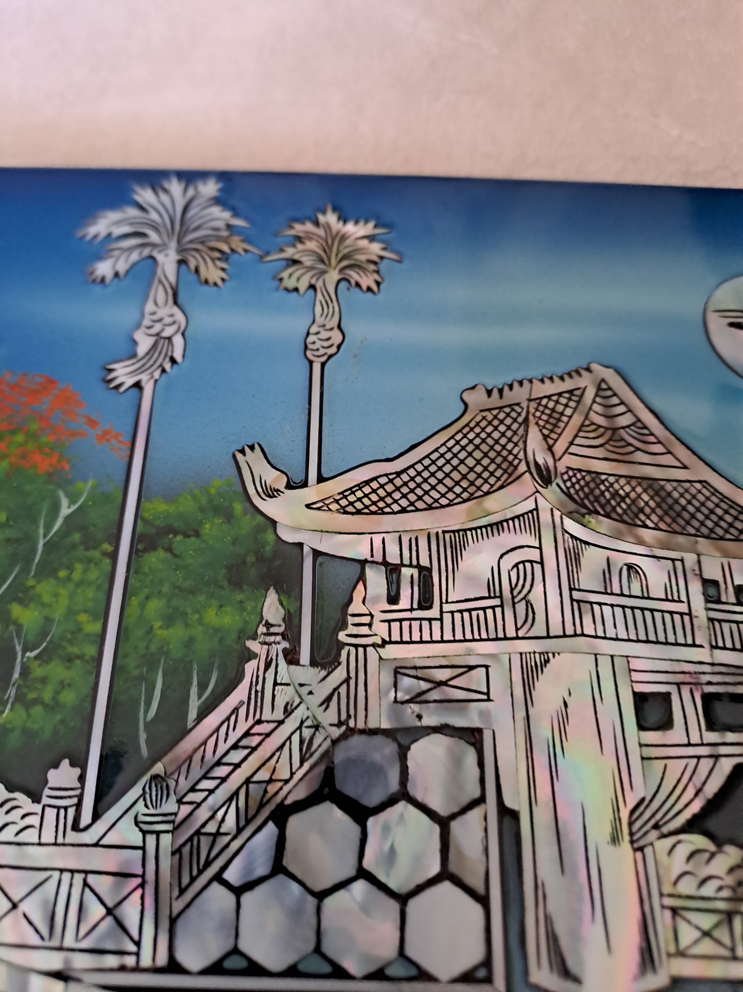 Panneau De Laque Marquetés Instration De Nacre. Balade nocturne. Ancien décoration vintage asiatique Asie.