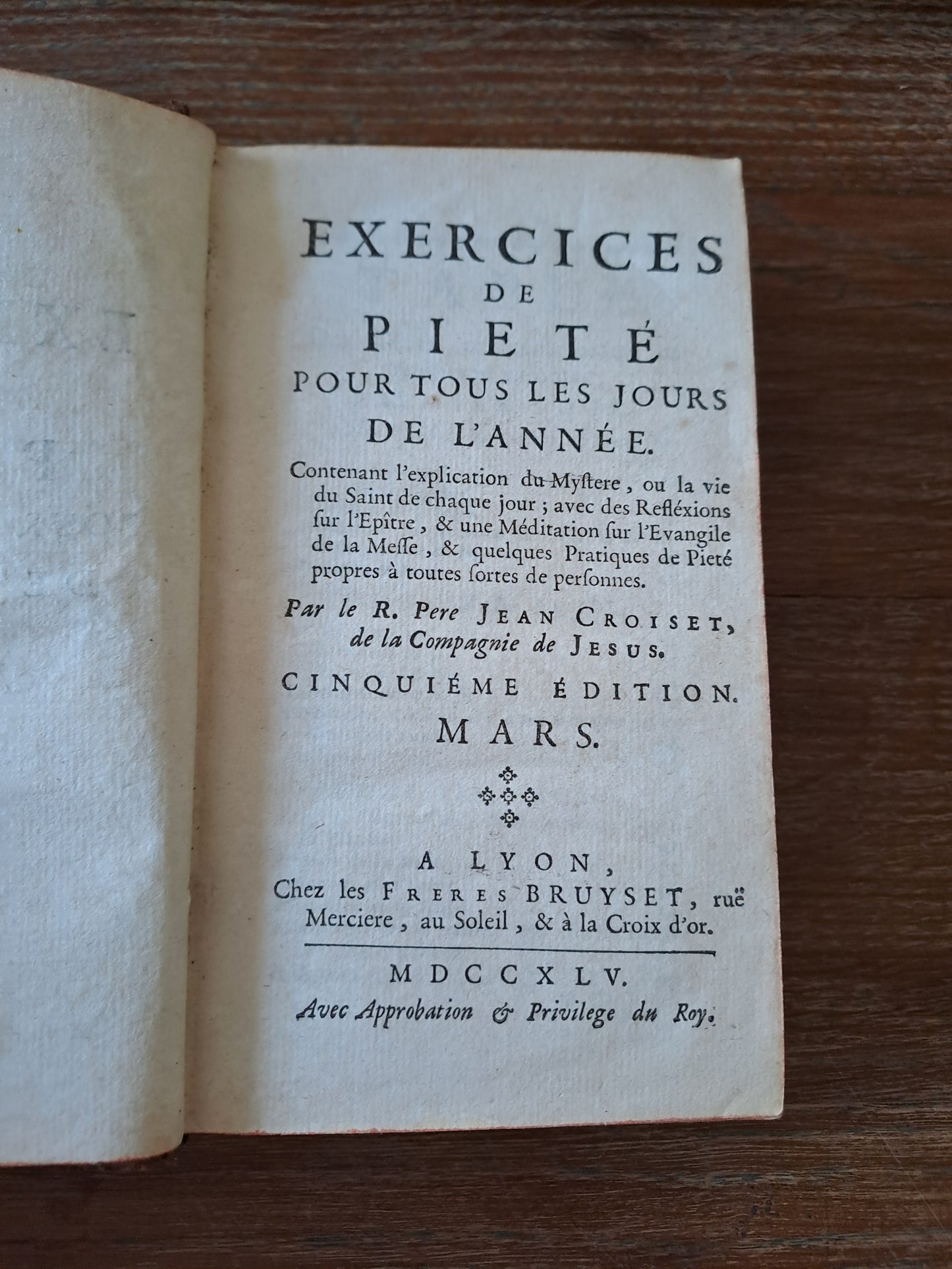 Année chretienne. Mars 1745. Exercices de piété pour tous les jours. Ancien livre vintage catholique.