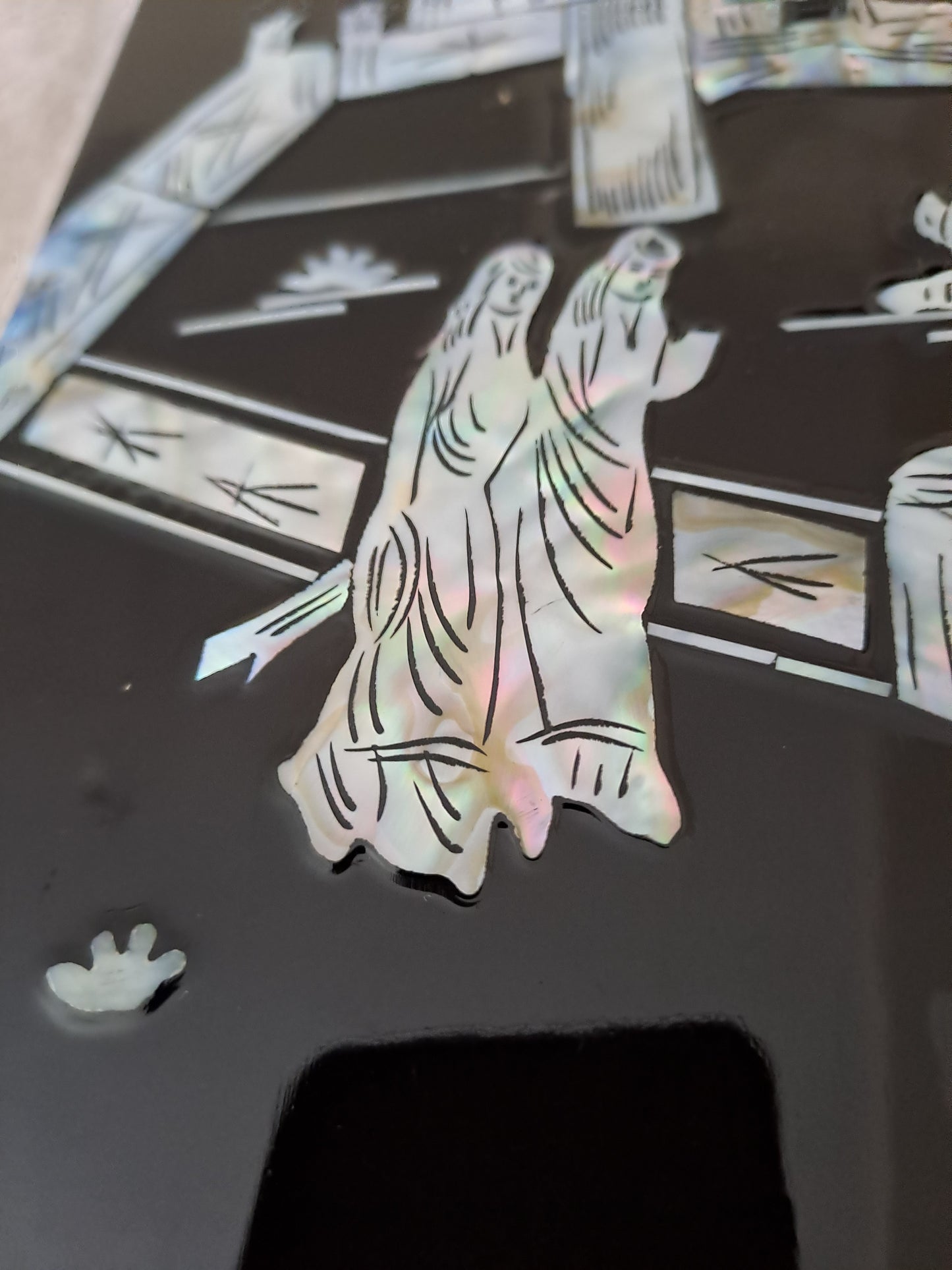 Panneau De Laque Marquetés Instration De Nacre. Balade au clair de lune.