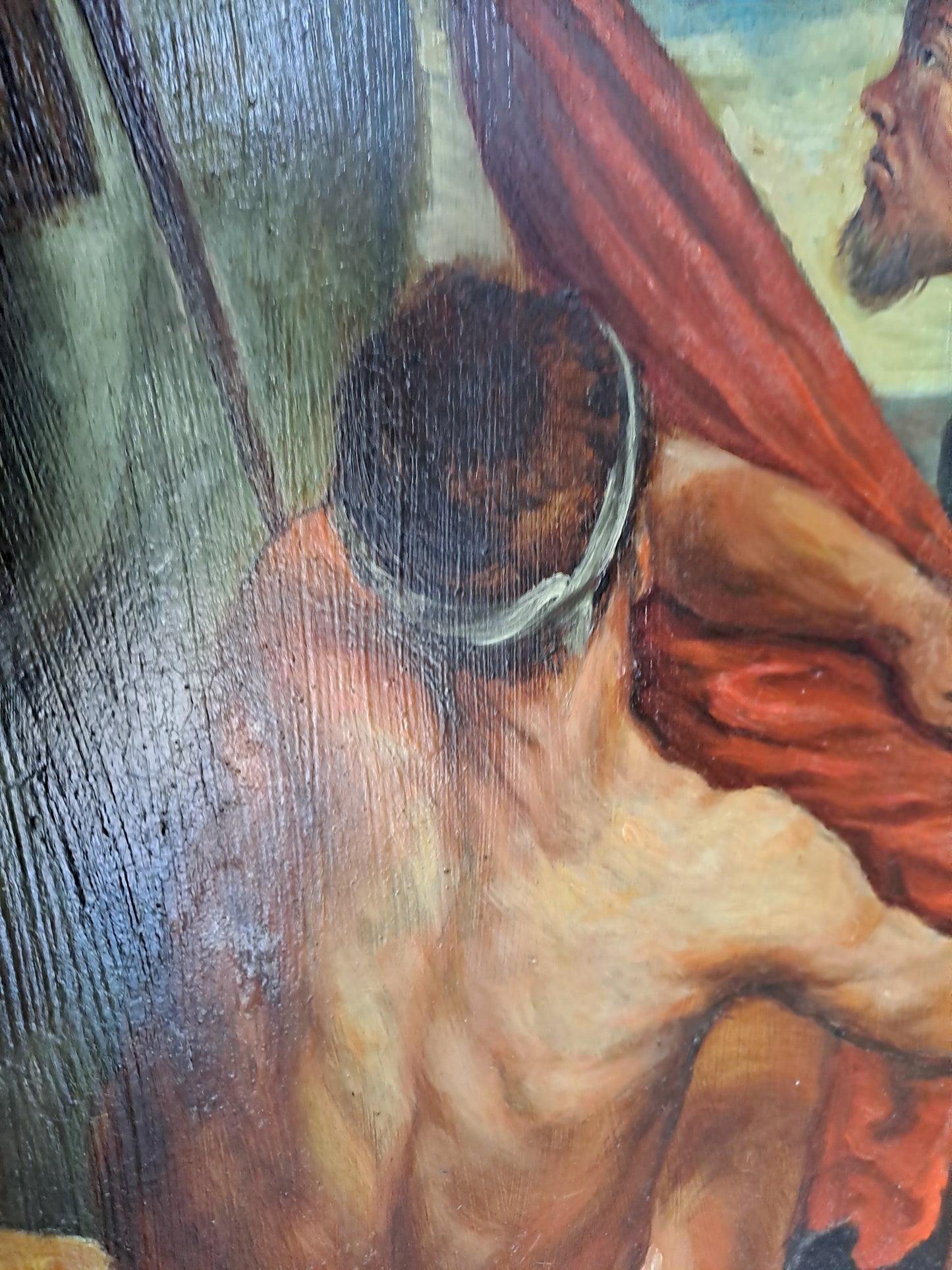 Tableau Saint-Martin et le mendiant d'après Van Dick. Signé. 125cm X 107 cm. Ancien vintage catholique sacré-coeur.