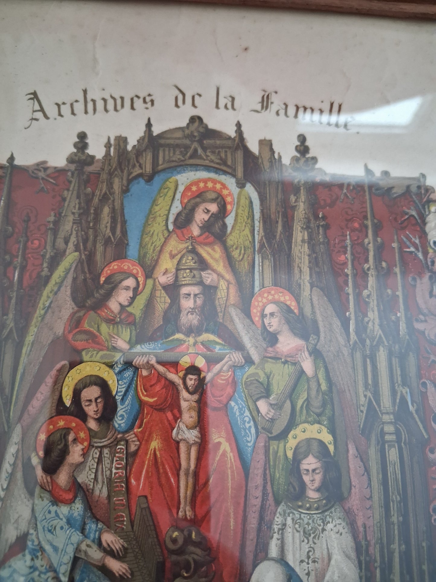 Tableau chromolithographie Archives de la famille 1919 Ancien decoration vintage catholique