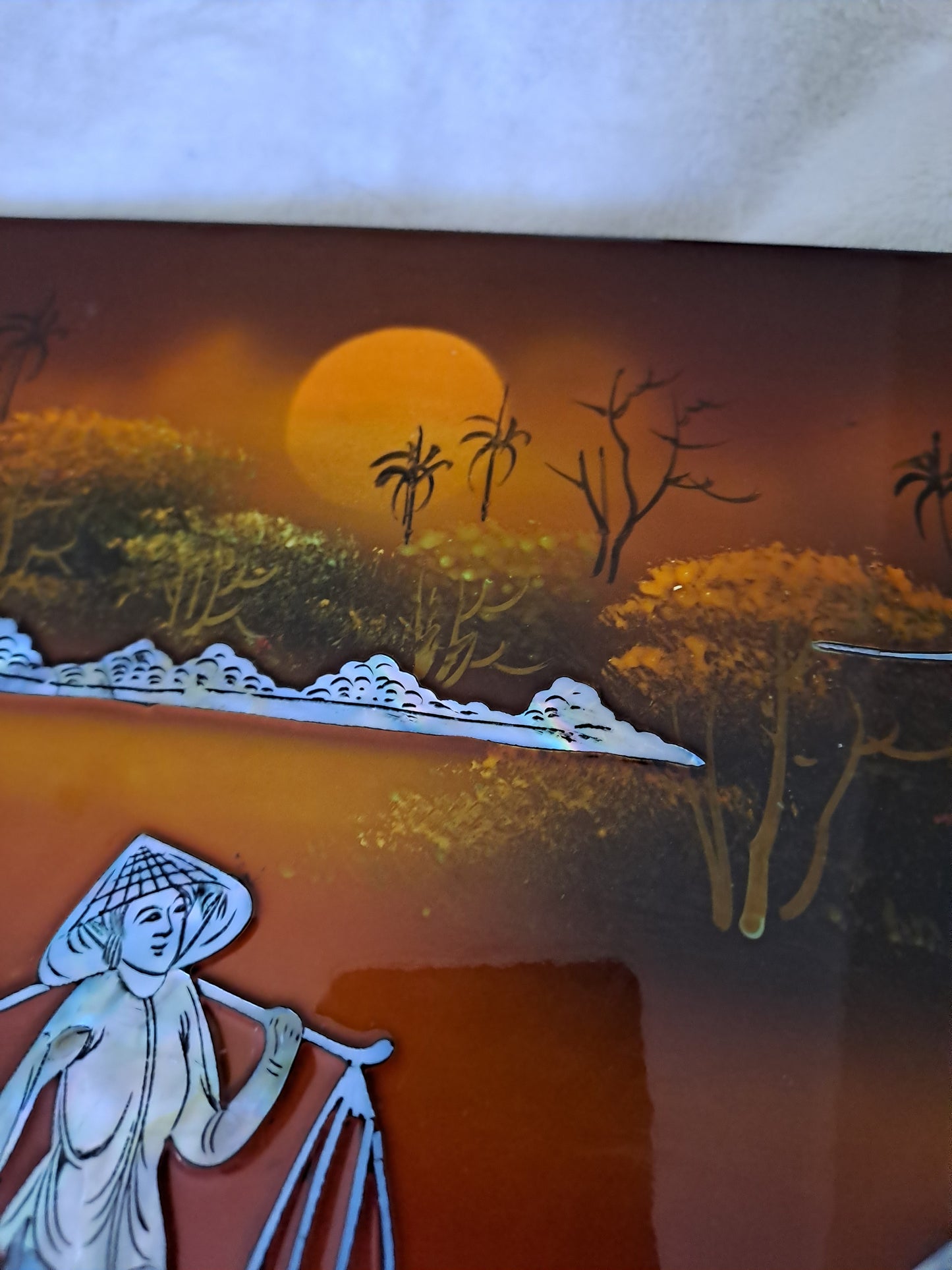 Panneau De Laque Marquetés Instration De Nacre. Ancien décoration vintage asie asiatique.