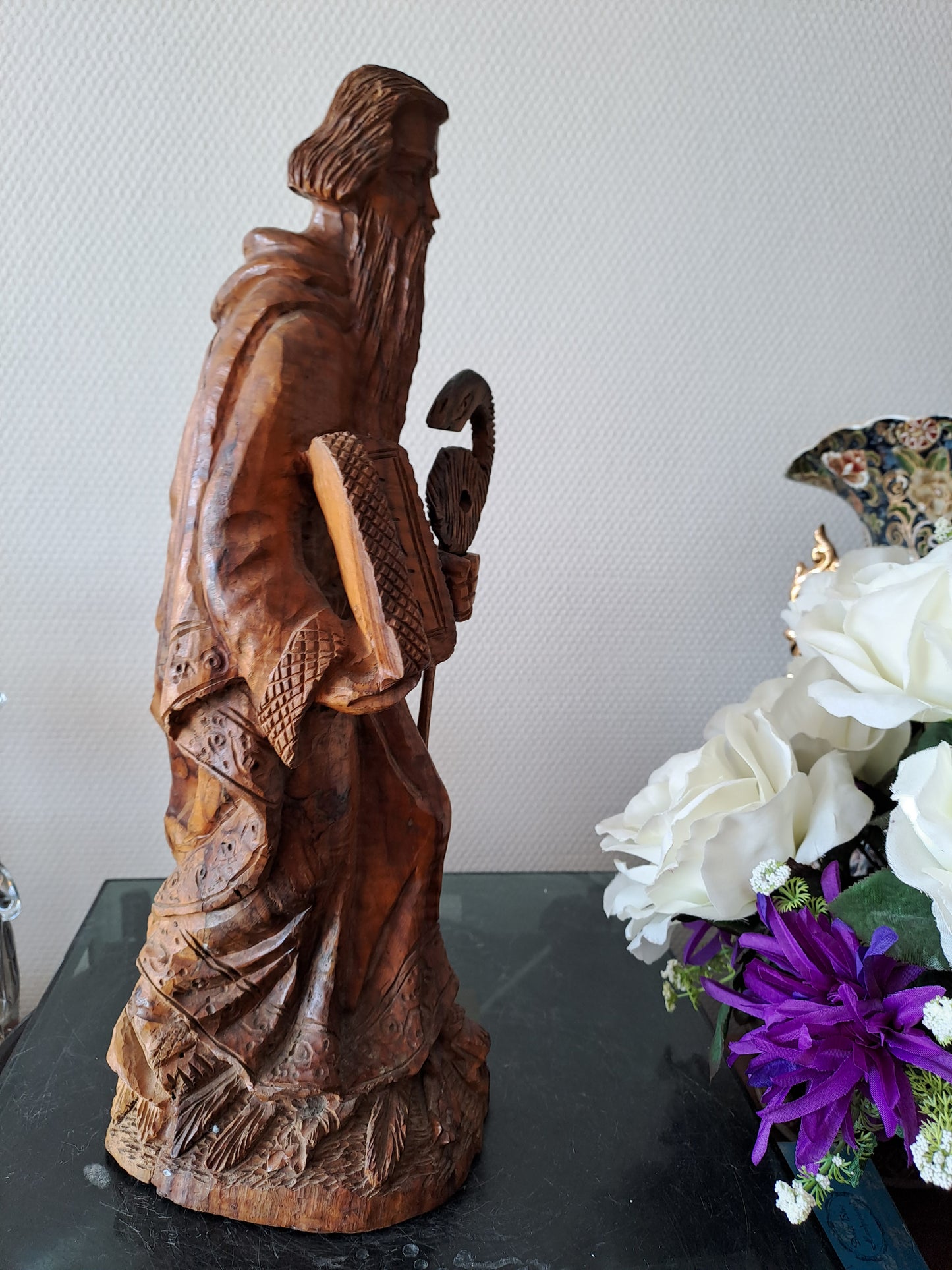 Statue/ Sculpture en bois représentant Moïse avec les tables de la lois et le serpent d'airain. Ancien decoration vintage catholique.