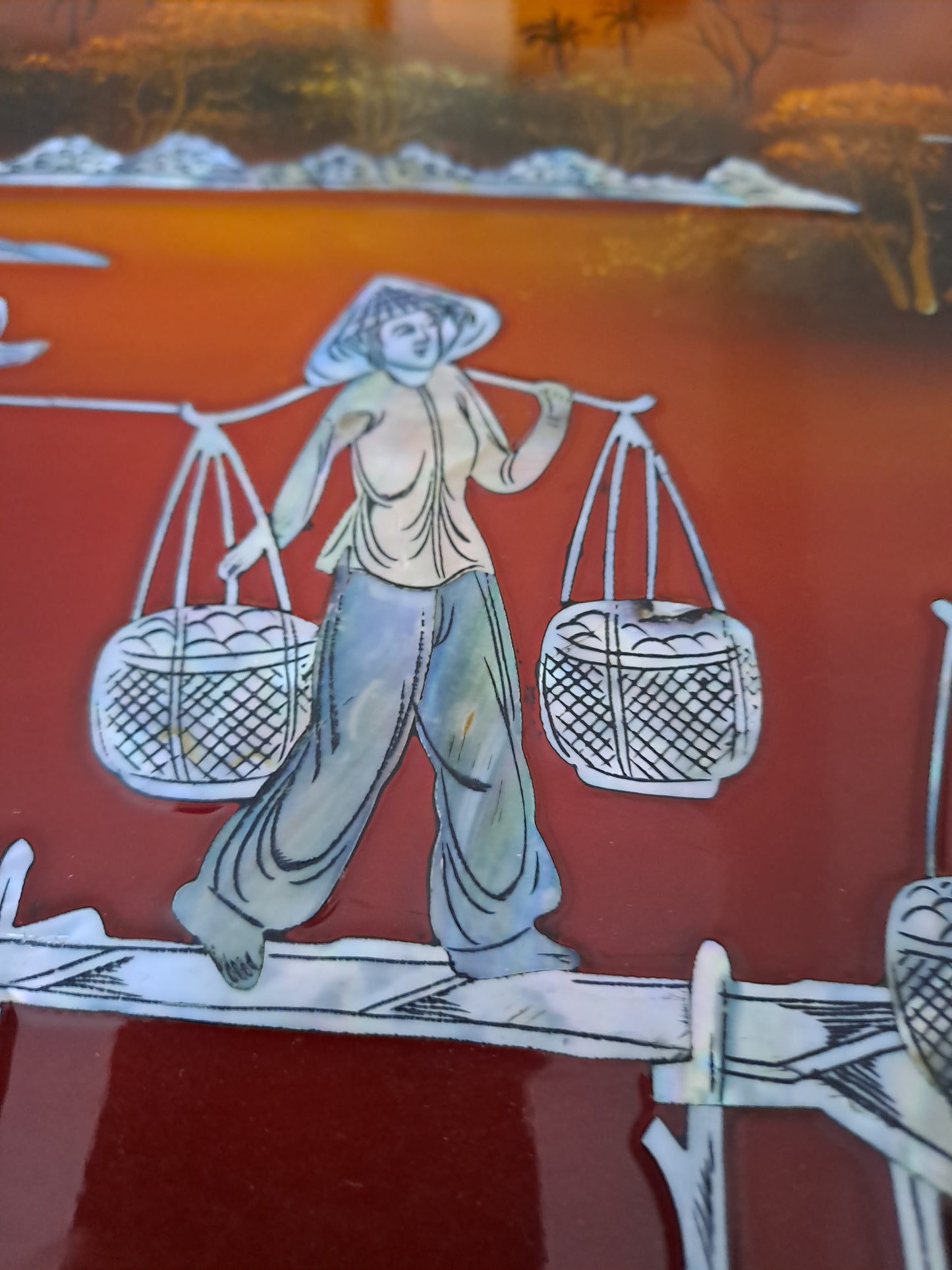 Panneau De Laque Marquetés Instration De Nacre. Ancien décoration vintage asie asiatique.