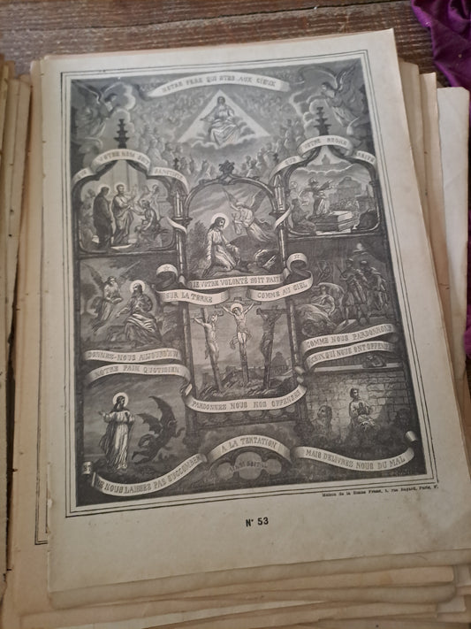 Gravure. Le pater. Ancien decoration vintage catholique.