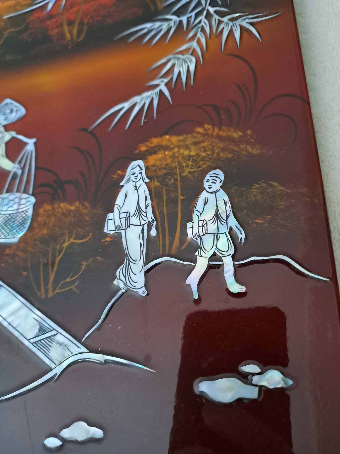 Panneau De Laque Marquetés Instration De Nacre. Ancien décoration vintage asie asiatique.