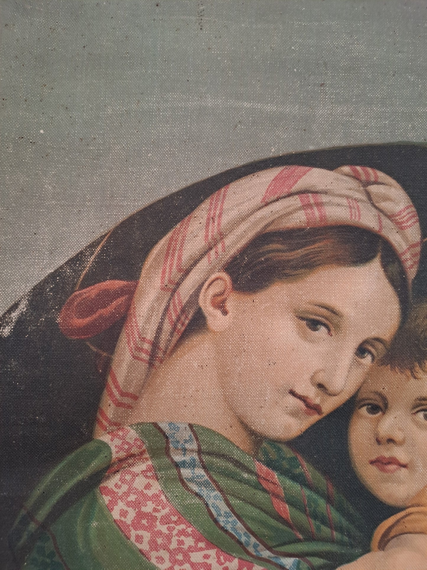 Bannière de processions. Vierge à la chaise d'après Raphaël. Ancien decoration vintage catholique.