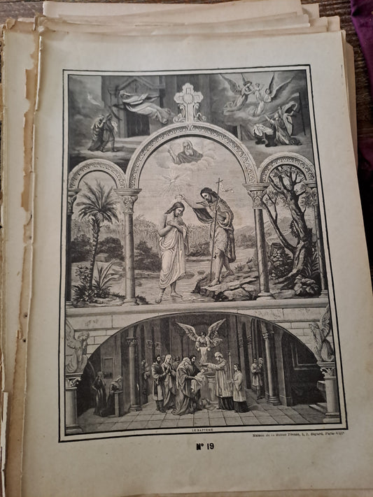Gravure. Le baptême. Ancien decoration vintage catholique