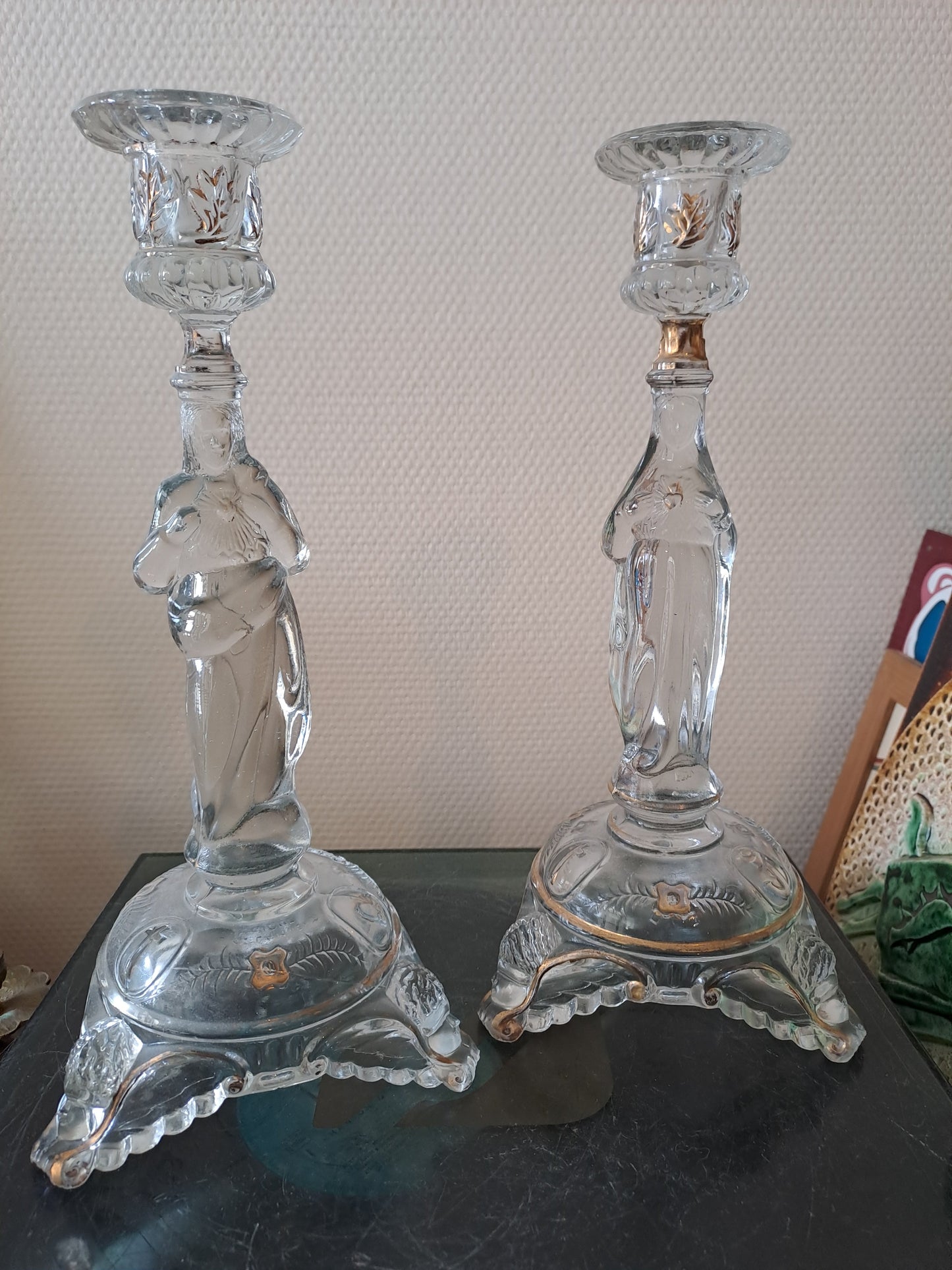 Paire de bougeoirs Sacré-Cœurs De Jésus Et Sainte Vierge Marie. Val saint lambert. Ancien Vintage catholique.