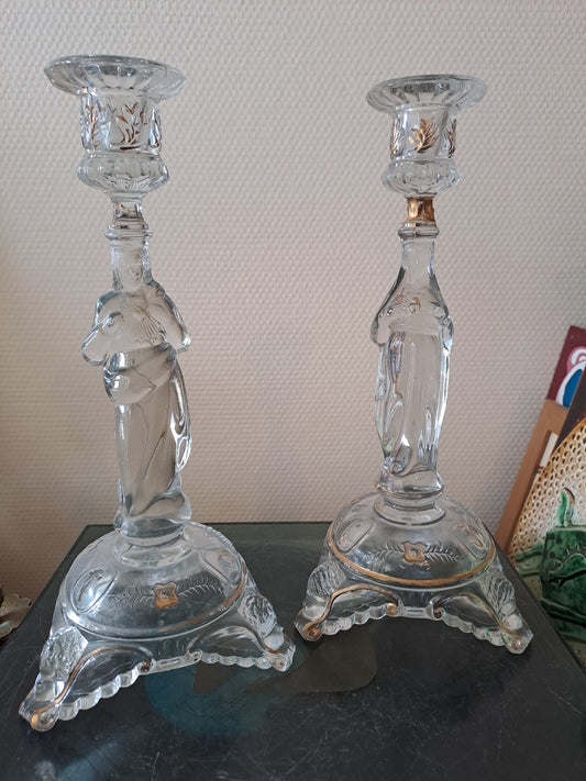 Paire de bougeoirs Sacré-Cœurs De Jésus Et Sainte Vierge Marie. Val saint lambert. Ancien Vintage catholique.